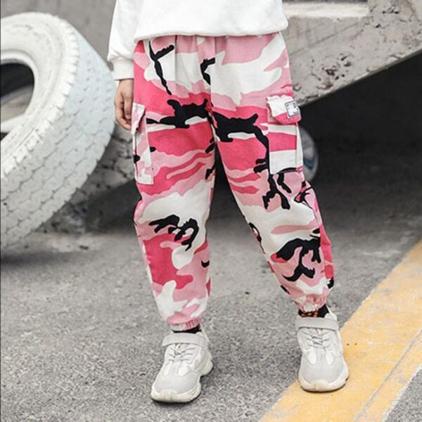 Pantalon treillis enfant cargo camouflage rose